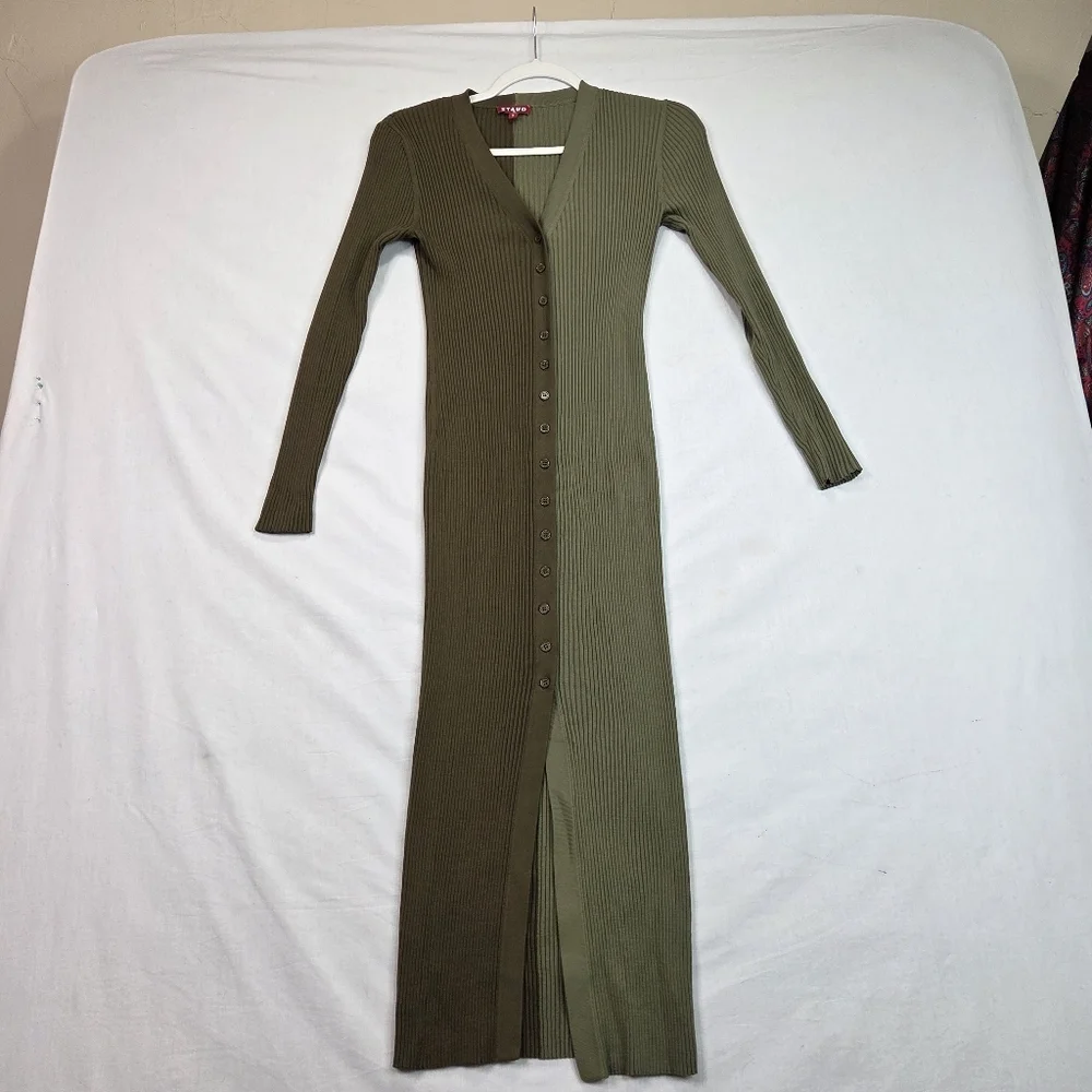 STAUD Ribbed Two Tone Green Midi Dress S Button Front Stretch Viscose Fitted - Picture 9 of 12